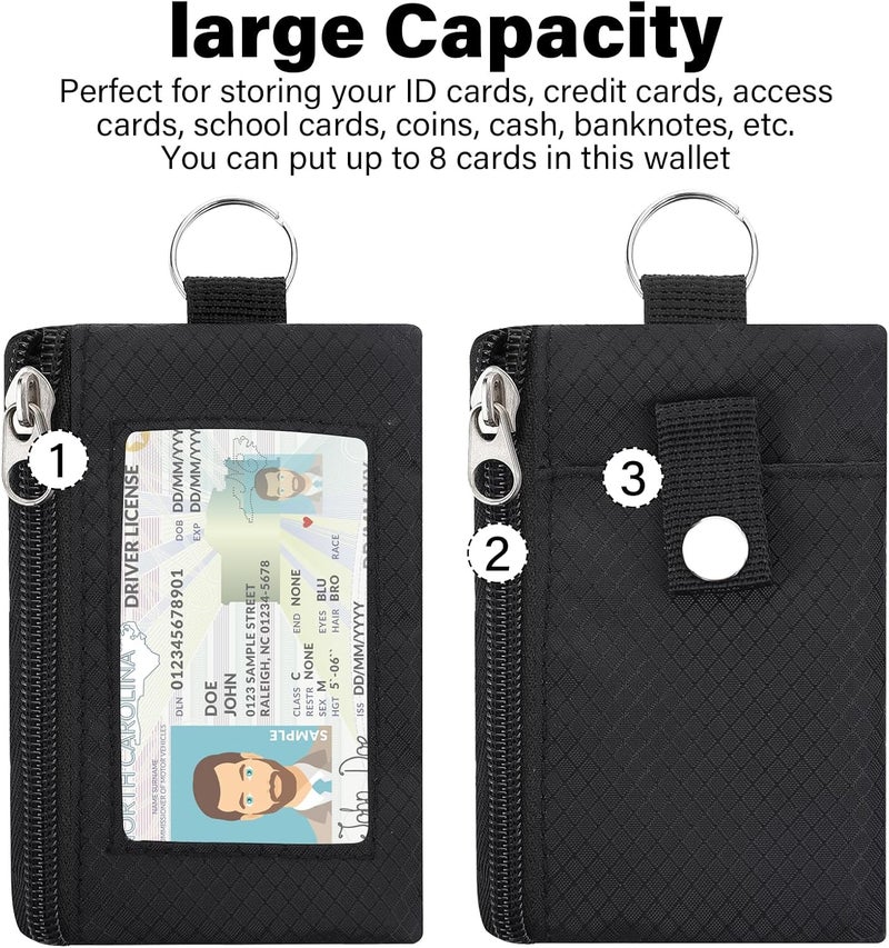 ZHOMA Minimalist RFID Wallet with Lanyard, Multi-Functional ID Case with 2 Zipper Pockets and Key Chain for Men and Women, Tactical Badge Pouch Cards Holder, Coin Purse for Travel Sports-Black - Image 2